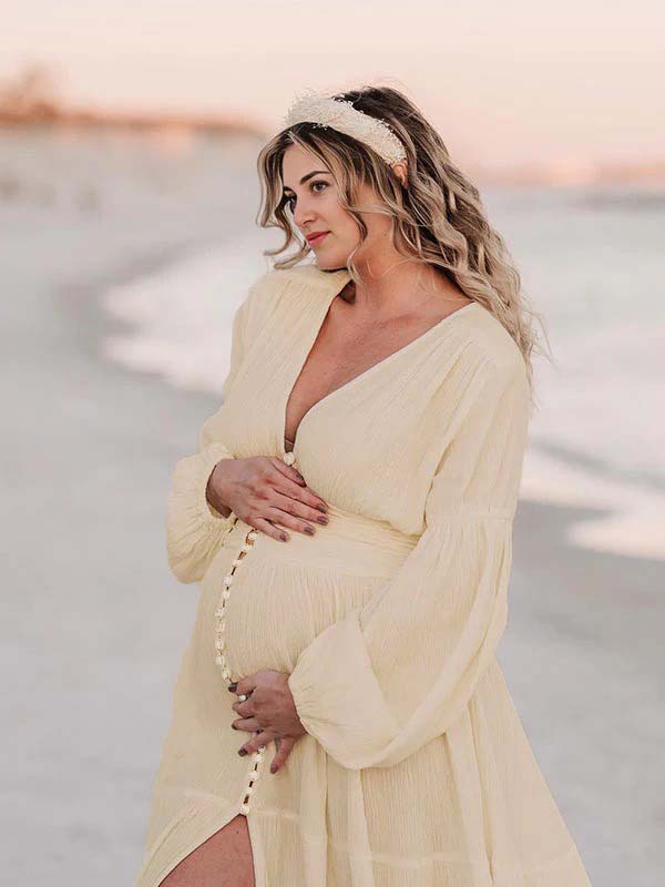 fotobeyou Ivory White Single Breasted Open Front Big Swing Deep V-neck Robe Elegant Wedding Gown Maternity Boho Photoshoot Baby Shower Maxi Dress