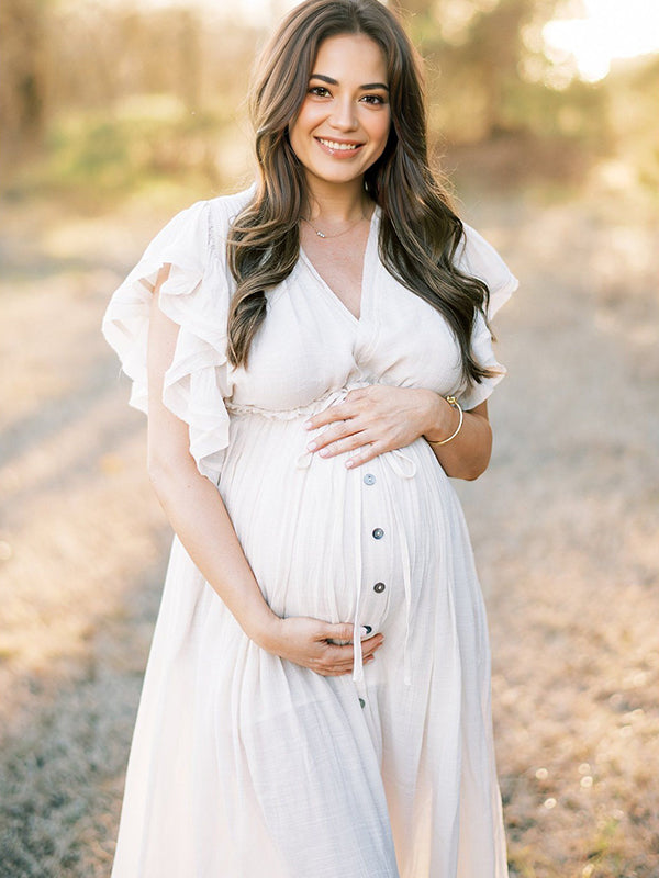 fotobeyou White Deep V Neck Button Down Boho Beach Bikini Cover Up Dress Party Photoshoot Maternity Dress