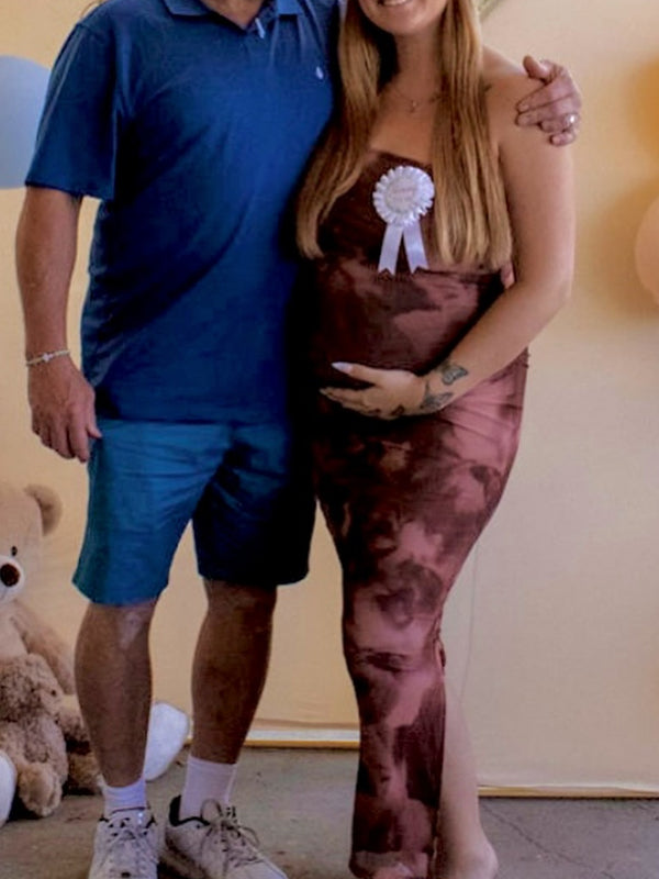 Fotobeyou Coffee Print Side Slit Grenadine Maternity Baby Shower Maxi Dress