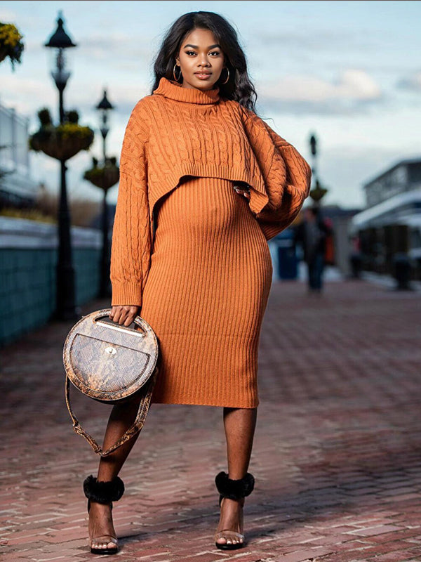 fotobeyou Solid Color Knitting 2-in-1 Bodycon Baby Shower Maternity Sweater Midi Dress