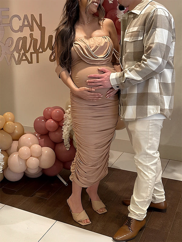 fotobeyou Khaki Ruched Off Shoulder Belly Friendly Baby Shower Club Party Tube Bodycon Maternity Midi Dress