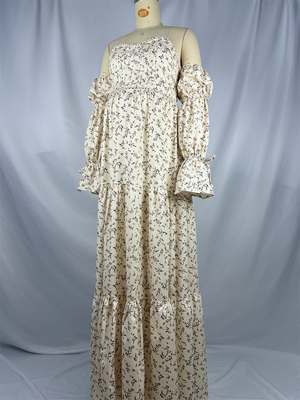 fotobeyou Beige Floral Off Shoulder Pearls Big Swing Boho Maternity Maxi Dress