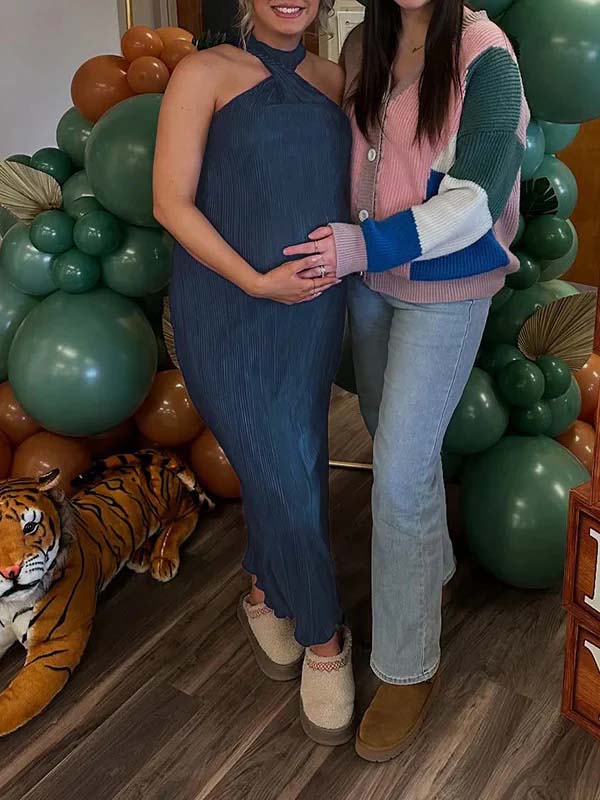 fotobeyou Dark Blue Halter Neck Off Shoulder Kink Side Slit Baby Shower Maternity Photoshoot Maxi Dress