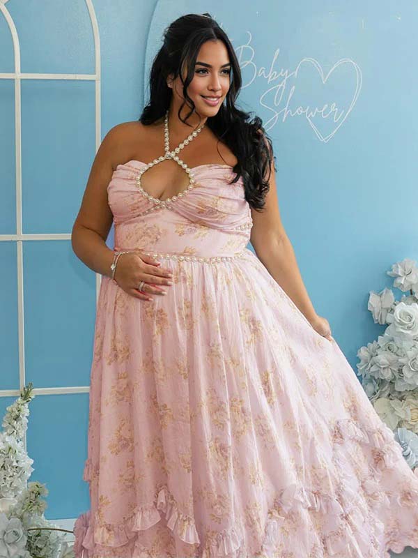 fotobeyou Pink Floral Ruffle Falbala Pearls Side Slit Elegant Maternity Baby Shower Maxi Dress