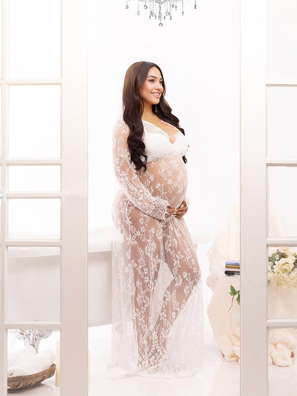fotobeyou White Lace Robe V-neck Bathtub Photoshoot Plus Size Maternity Maxi Dress