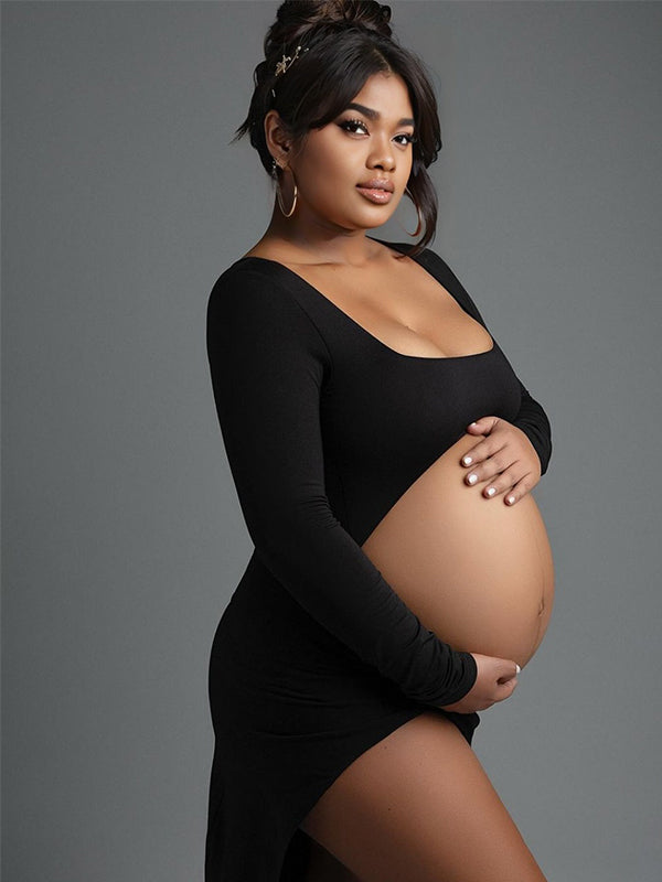 fotobeyou Black Ruffle Cut Out Crop Side Slit Irregular Bodycon Photoshoot Maternity Maxi Dress