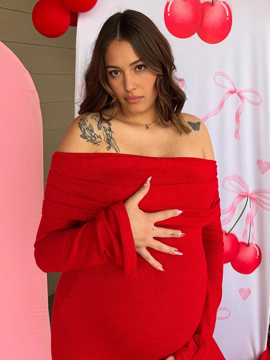 Fotobeyou Red Off Shoulder Open Back Bodycon Maternity Baby Shower Maxi Dress