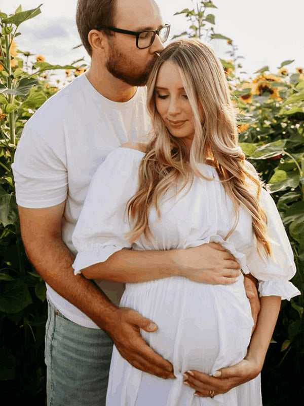 fotobeyou Solid Color Off Shoulder Backless Ruffle Crop Side Slit 2-in-1 Photoshoot Maternity Maxi Dress