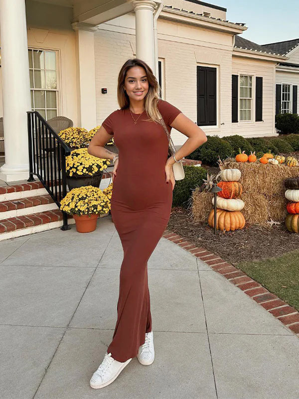 fotobeyou Brown Solid Color Short Sleeve Bodycon Daily Casual Baby Shower Maternity Maxi Dress
