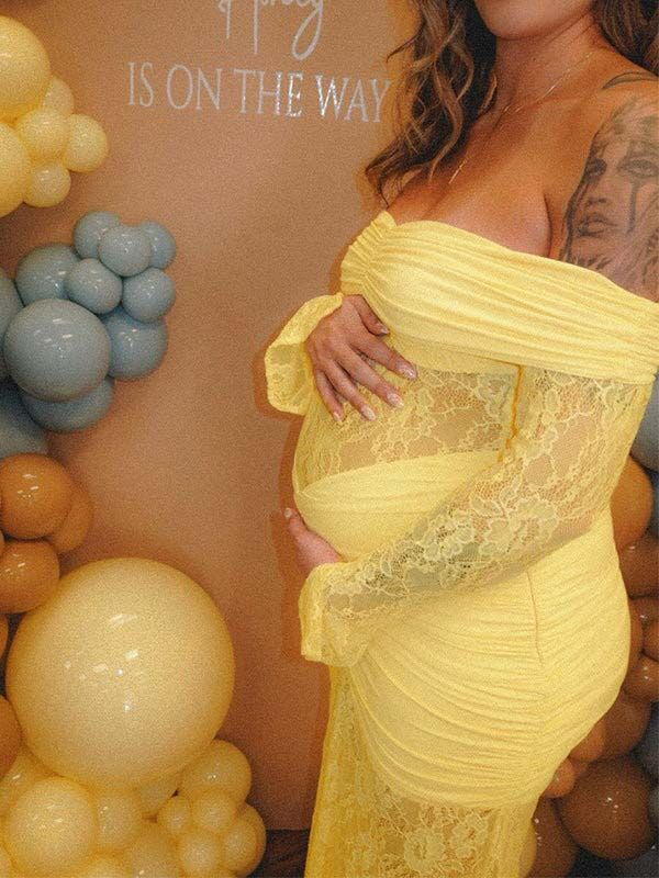 fotobeyou Off Shoulder Lace Ruched Mermaid Baby Shower Maternity Maxi Dress