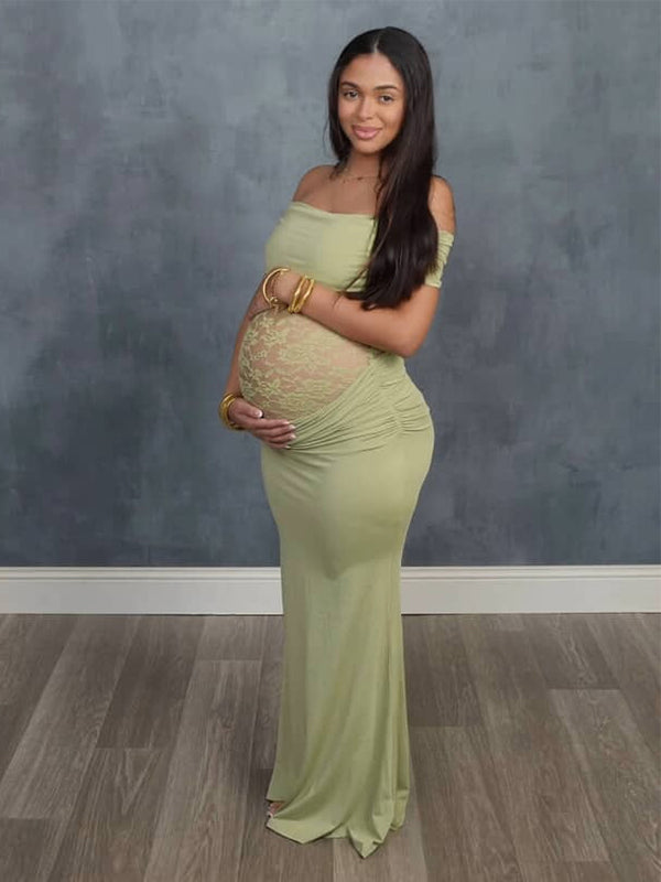 Green Off Shoulder Lace Sheer Splicing Ruched Baby Shower Maternity Maxi Dress
