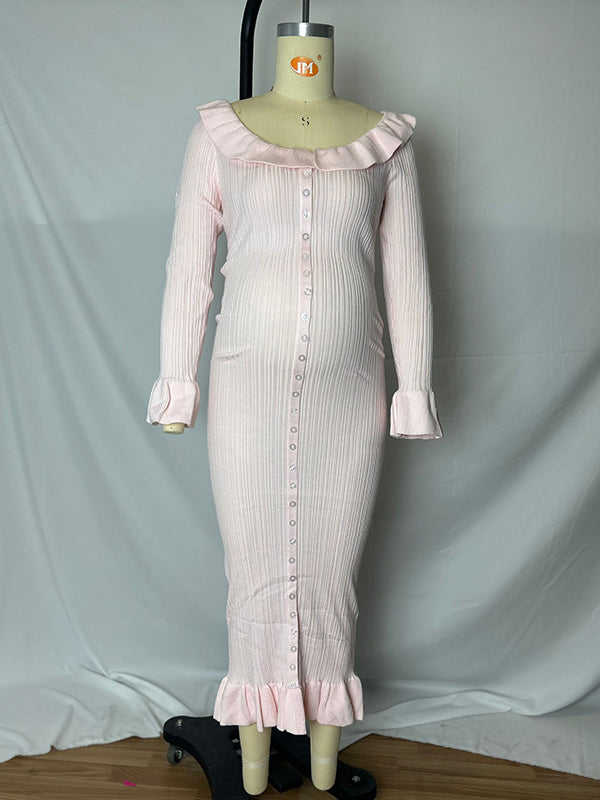 fotobeyou Pink Knit Falbala Ruffle Hem Single Breasted Flare Sleeve Bodycon Elegant Hoing Out Maternity Babyshower Maxi Sweater Dress