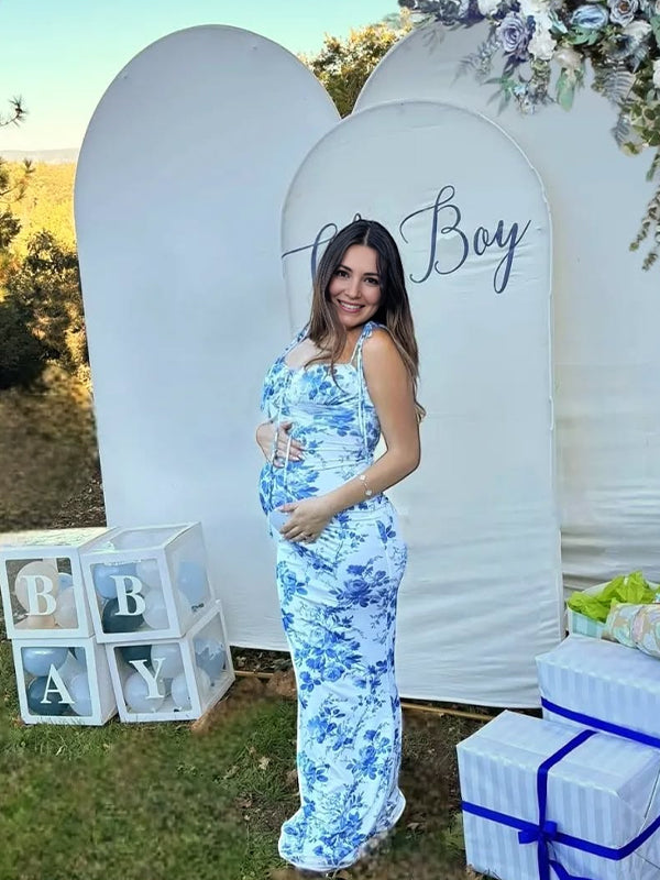 fotobeyou Lace-up Spaghetti Strap Stamp Duty Party Banquet Baby Shower Maternity Photoshoot Maxi Dress