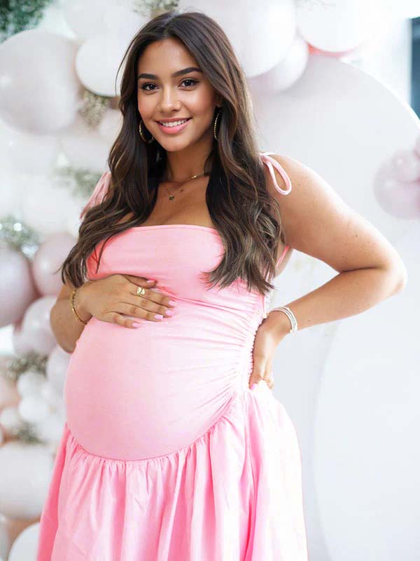 fotobeyou Solid Color Ruched Knotted Adjustable Strap Pockets Big Swing Drop-Waist Puffball Elegant Cocktail Party Gown Maternity Photoshoot Baby Shower Maxi Dress