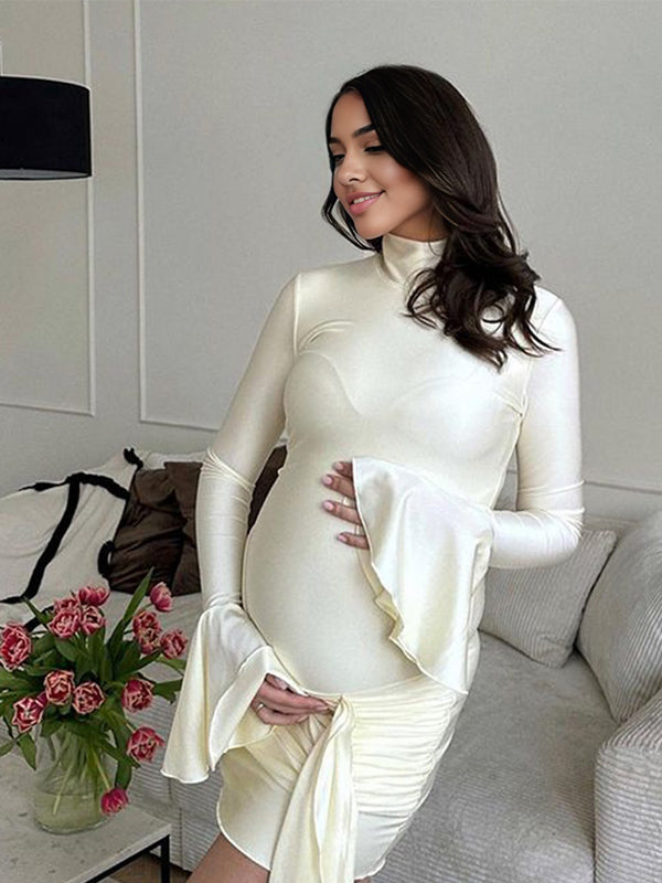 fotobeyou Solid Color Cascading Ruffle Irregular High Neck Draped Bodycon Falbala Elegant Flare Sleeve Bandage Party Baby Shower Maternity Mini Dress