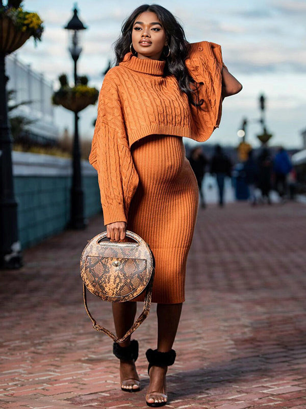 fotobeyou Solid Color Knitting 2-in-1 Bodycon Baby Shower Maternity Sweater Midi Dress