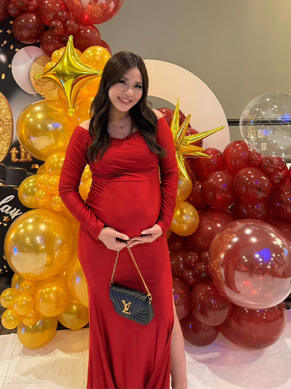 fotobeyou Off Shoulder Long Sleeve Slit Bodycon Solid Baby Shower Party Evening Gown Maternity Maxi Dress