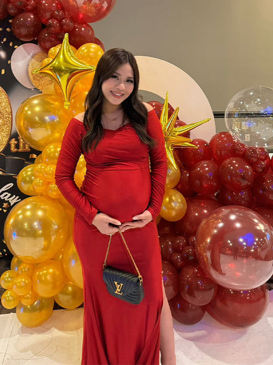 fotobeyou Off Shoulder Long Sleeve Slit Bodycon Solid Baby Shower Party Evening Gown Maternity Maxi Dress