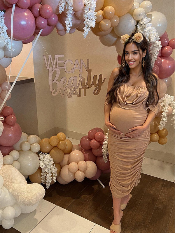 fotobeyou Khaki Ruched Off Shoulder Belly Friendly Baby Shower Club Party Tube Bodycon Maternity Midi Dress