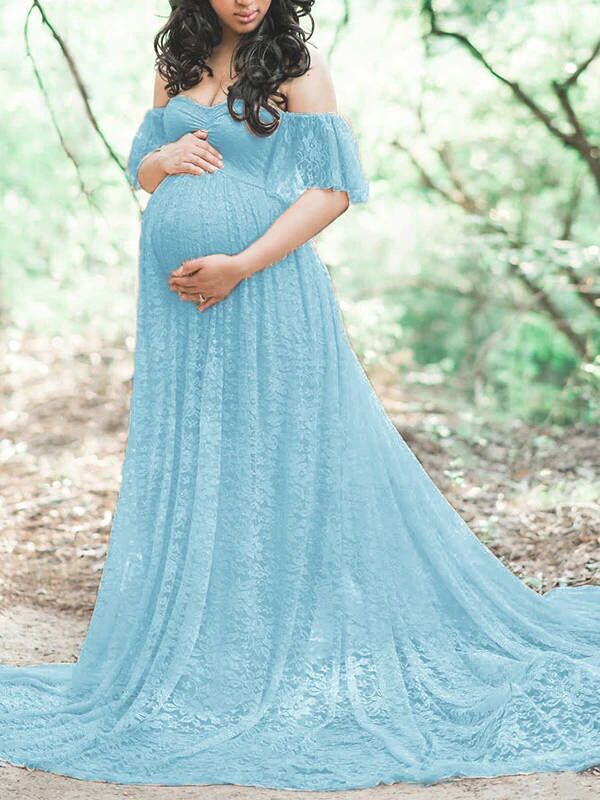 fotobeyou Solid Color Lace Off Shoulder Cap Sleeve Photoshoot Maternity Maxi Dress