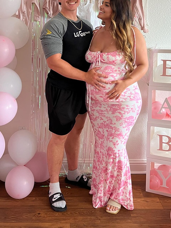 fotobeyou Pink Crushed Flower Spaghetti Strap lace-up Ruched Banquet Party Baby Shower Maternity Photoshoot Maxi Dress