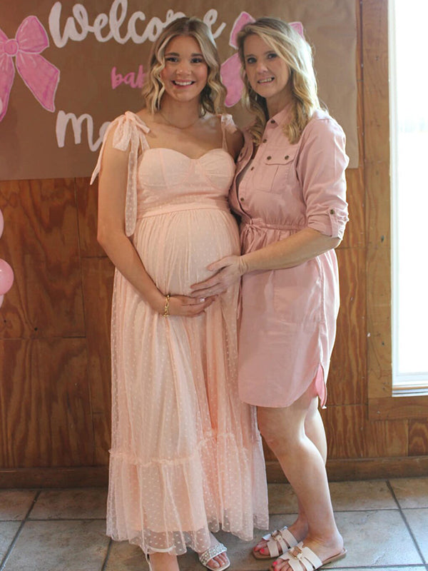 fotobeyou Light Pink Polka Dot Bow Ruffle Falbala Tie-Shoulder A-line Tulle Princess Dress Maxi Dress