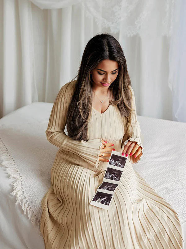 fotobeyou Knit Pleated Big Swing V-neck Plus Size Sweater Elegant Going Out Maternity Photoshoot Baby Shower Maxi Dress