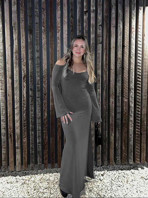 fotobeyou Dark Grey Off Shoulder Cut Out Side Slit Backless Cami Flare Sleeve Chic Going Out Party Maternity Photoshoot Baby Shower Maxi Dress