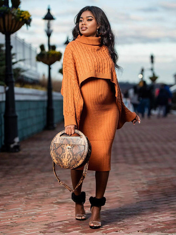 fotobeyou Solid Color Knitting 2-in-1 Bodycon Baby Shower Maternity Sweater Midi Dress
