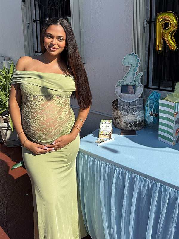 Green Off Shoulder Lace Sheer Splicing Ruched Baby Shower Maternity Maxi Dress