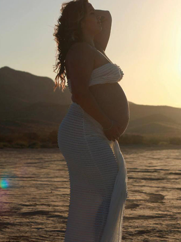 fotobeyou White Cross Chest Bandeau Backless Lace Crop Front Draped 2-in-1 Lace-up Bodycon Baby Shower Maternity Maxi Dress