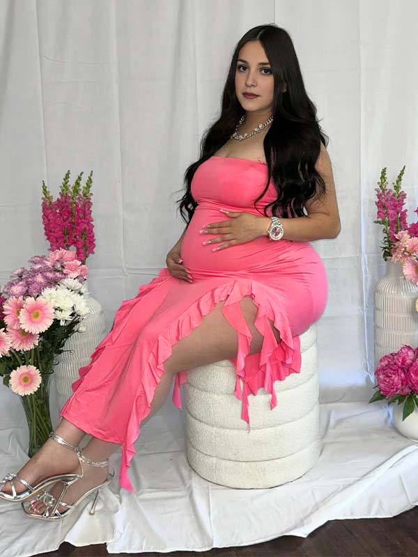 fotobeyou Rose Carmine Ruffle Slit Bodycon Fashion Party Photoshoot Babyshower Maternity Midi Dress