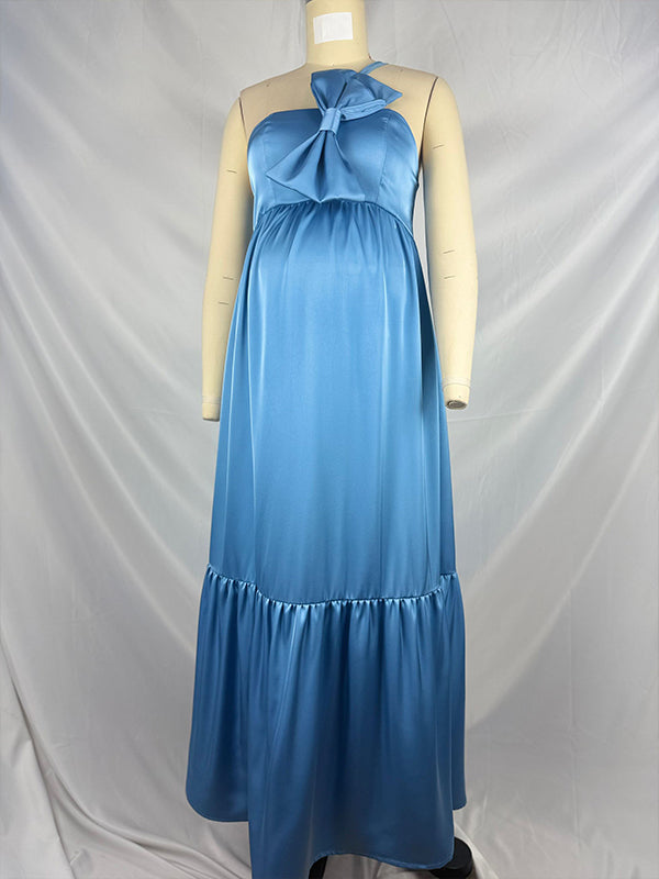 fotobeyou Satin Big Bow One Shoulder A-line Elegant Maternity Baby Shower Maxi Dress