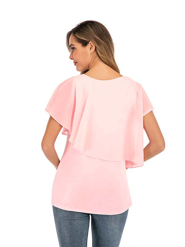 fotobeyou Solid Color Chiffon Ruffle Falbala Round Neck Short Sleeve Breastfeeding T-shirt Basic Going Out Daily Maternity Nursing Top