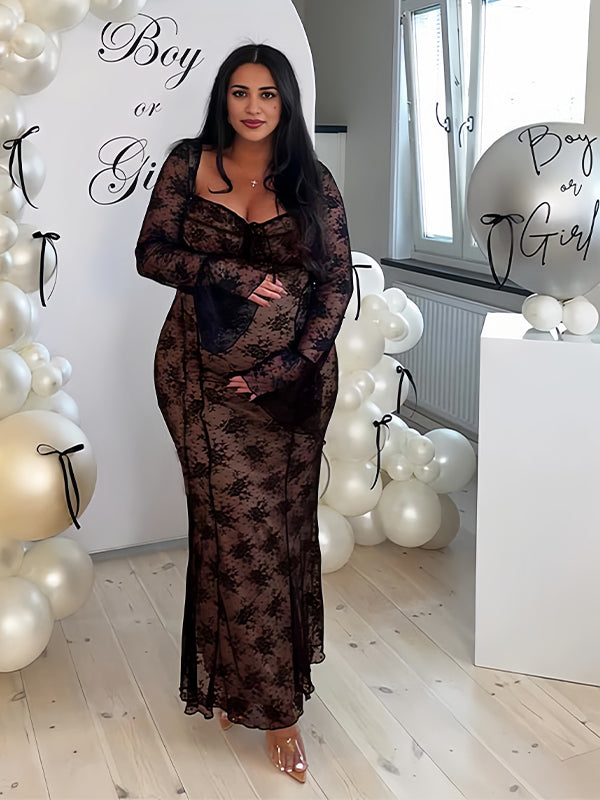 fotobeyou Black Lace Bow Grenadine Flare Sleeve Mermaid Back Lace Up Photoshoot Baby Shower Maternity Maxi Dress
