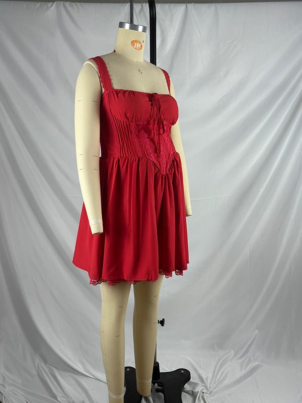 fotobeyou Cherry Red Lace-up Corset Lace Trim A-line Elegant Party Maternity Baby Shower Mini Dress
