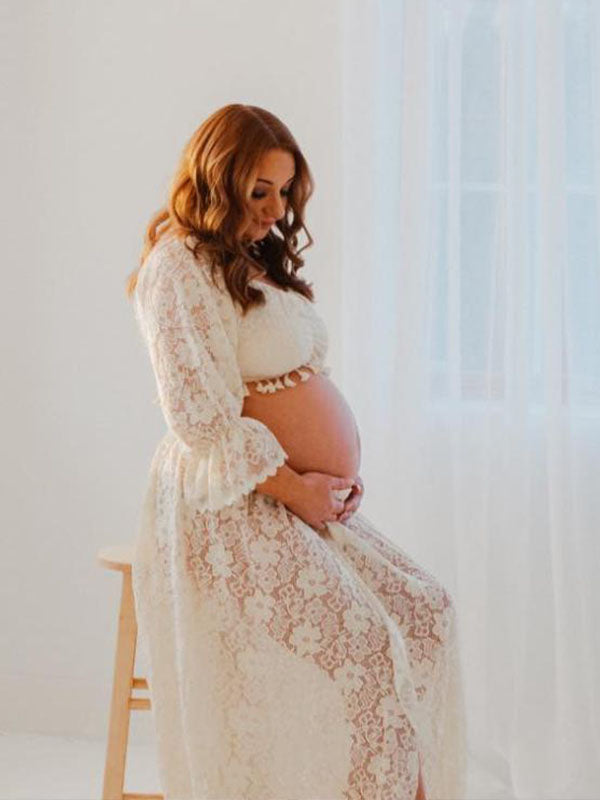 fotobeyou Boho Lace Off Shoulder Lace Tassel Crop 2-in-1 Side Slit Ruffle Photoshoot Maternity Maxi Dress