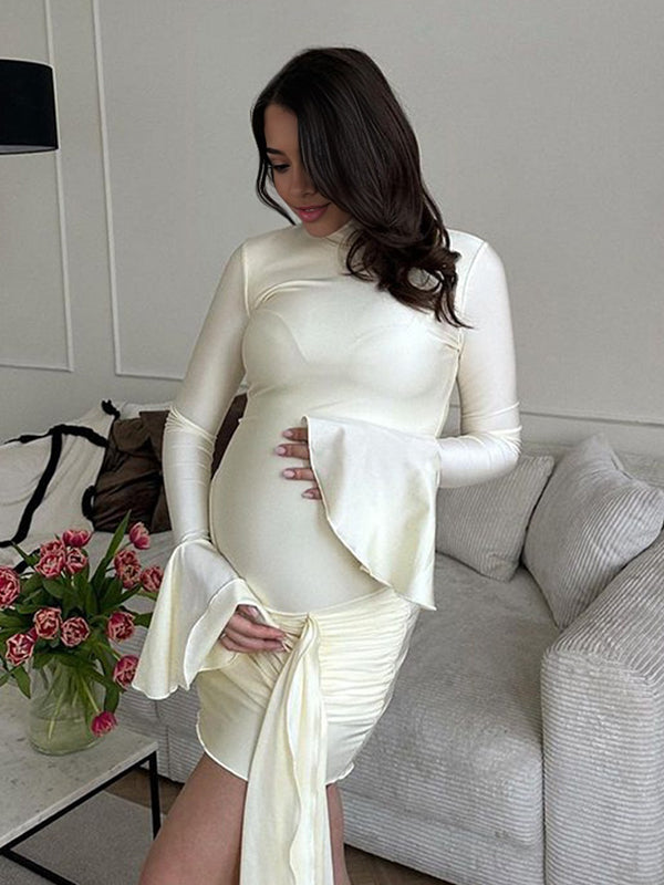 fotobeyou Solid Color Cascading Ruffle Irregular High Neck Draped Bodycon Falbala Elegant Flare Sleeve Bandage Party Baby Shower Maternity Mini Dress