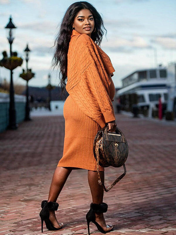 fotobeyou Solid Color Knitting 2-in-1 Bodycon Baby Shower Maternity Sweater Midi Dress