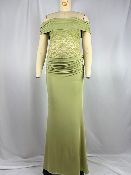 Green Off Shoulder Lace Sheer Splicing Ruched Baby Shower Maternity Maxi Dress