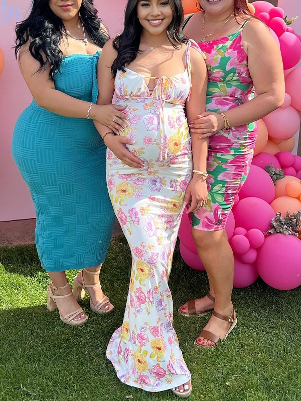 fotobeyou Yellow Crushed Flower Spaghetti Strap lace-up Ruched Banquet Party Baby Shower Maternity Photoshoot Maxi Dress