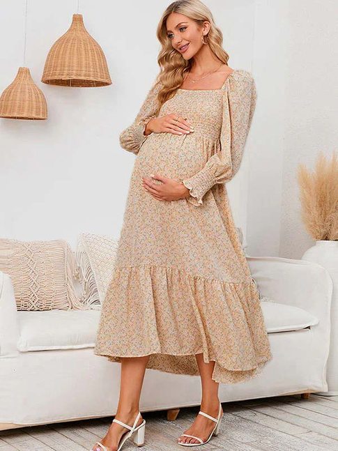 fotobeyou Chiffon Floral Print Ruffle High Waist Boutique Holiday Sweet Maternity Maxi Dress