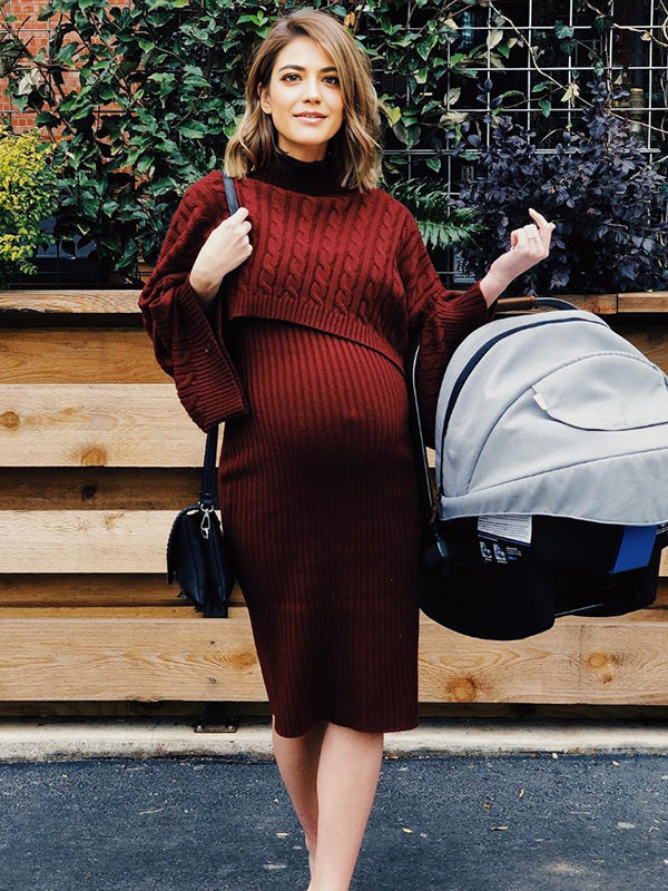 fotobeyou Solid Color Knitting 2-in-1 Bodycon Baby Shower Maternity Sweater Midi Dress