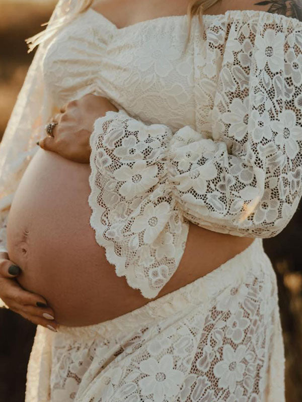 fotobeyou Boho Lace Off Shoulder Lace Tassel Crop 2-in-1 Side Slit Ruffle Photoshoot Maternity Maxi Dress