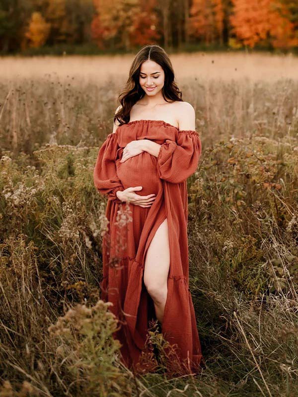 Orange Off Shoulder Side Slit Ruffle Photoshoot Maternity Maxi Dress