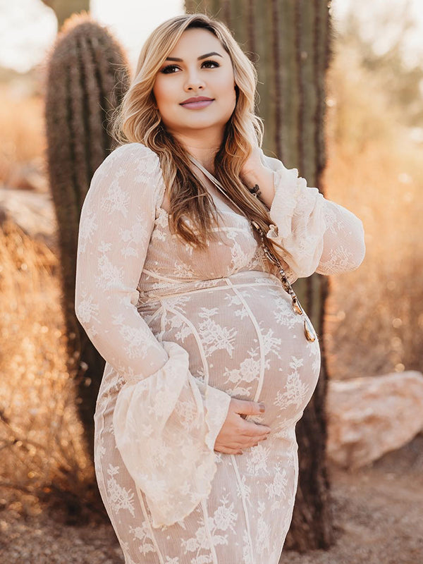 fotobeyou White Lace Corset Square Neck Flare Sleeve Plus Size Maternity Photoshoot  Maxi Dress