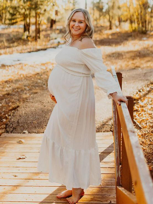 fotobeyou White Ruffle Ruched High Waist Puff Sleeve Cute Photoshoot Maternity Maxi Dress