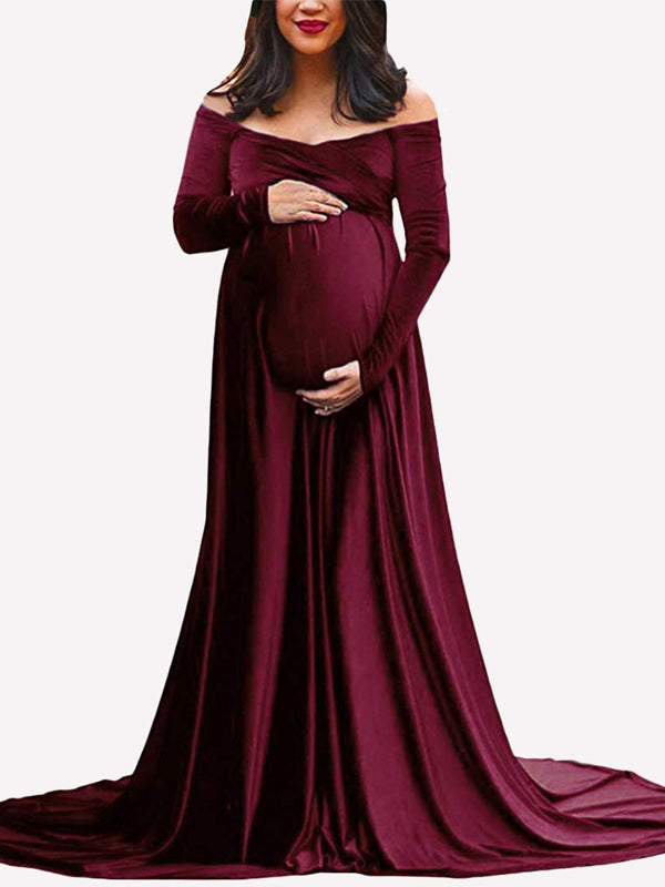 fotobeyou Off Shoulder Pleuche Mermaid Photoshoot Baby Shower Maternity Maxi Dress