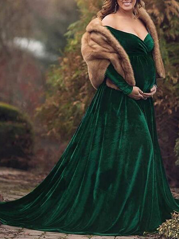 fotobeyou Off Shoulder Pleuche Mermaid Photoshoot Baby Shower Maternity Maxi Dress