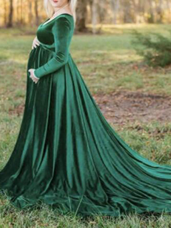 fotobeyou Off Shoulder Pleuche Mermaid Photoshoot Baby Shower Maternity Maxi Dress